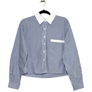 adL Cropped Blue Striped Button Up Blouse Size Large